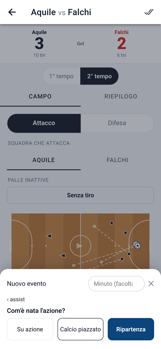 Pannello di registrazione: dopo l'esito e l'assist, la scelta fra su azione, calcio piazzato e ripartenza