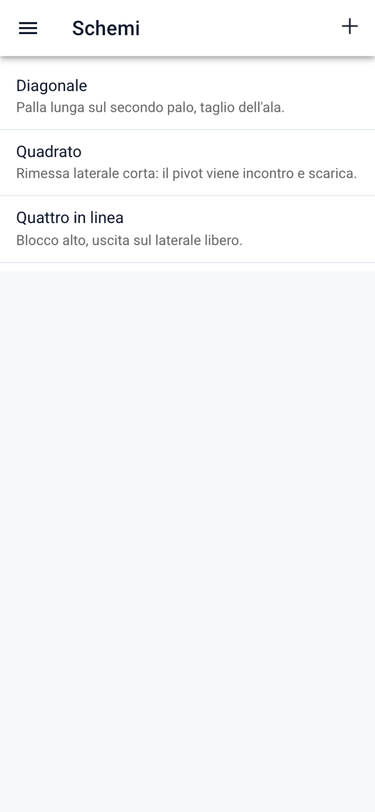 Pagina Schemi: l'elenco dei calci piazzati con nome e note