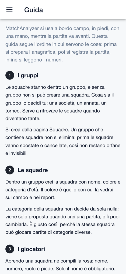Guida all'uso dentro l'app, divisa in sezioni numerate